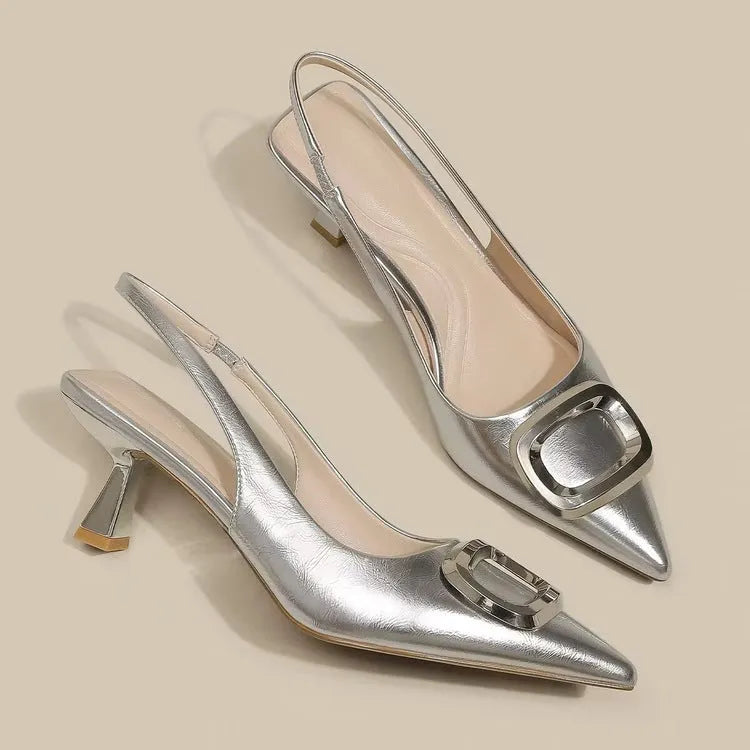 Pointed Toe Classy High Heels Women's French Square Buckle Dress Shoes Microfiber Rubber Commuting Work Heels Available in Black Cream White Silver Sizes 35-39