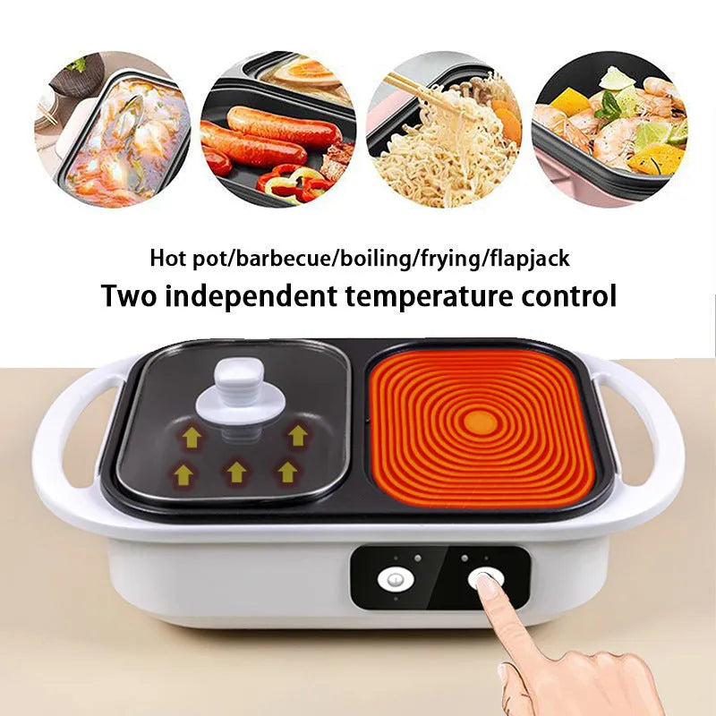 White and green dual-function electric frying oven and hot pot appliance on a kitchen counter.