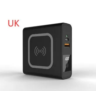 Black PD20W power bank with wireless charging and flip-out UK US EU AU plug adapters