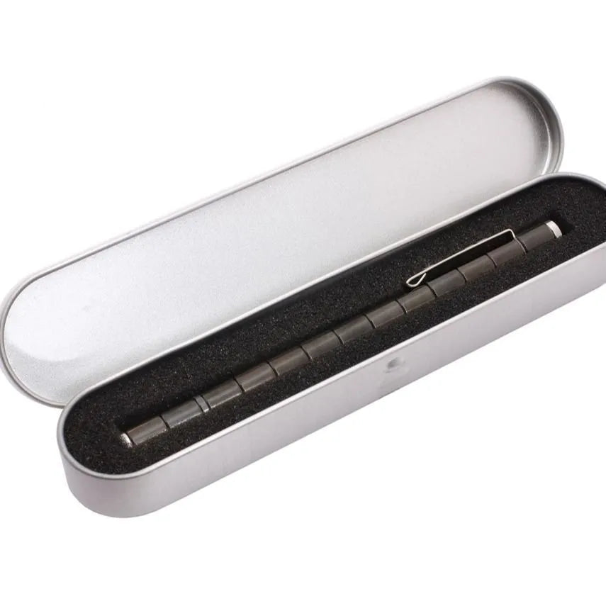 Magnetic modular pen with 13 rings, 12 steel balls, 3 refills, and capacitive head in silver iron box
