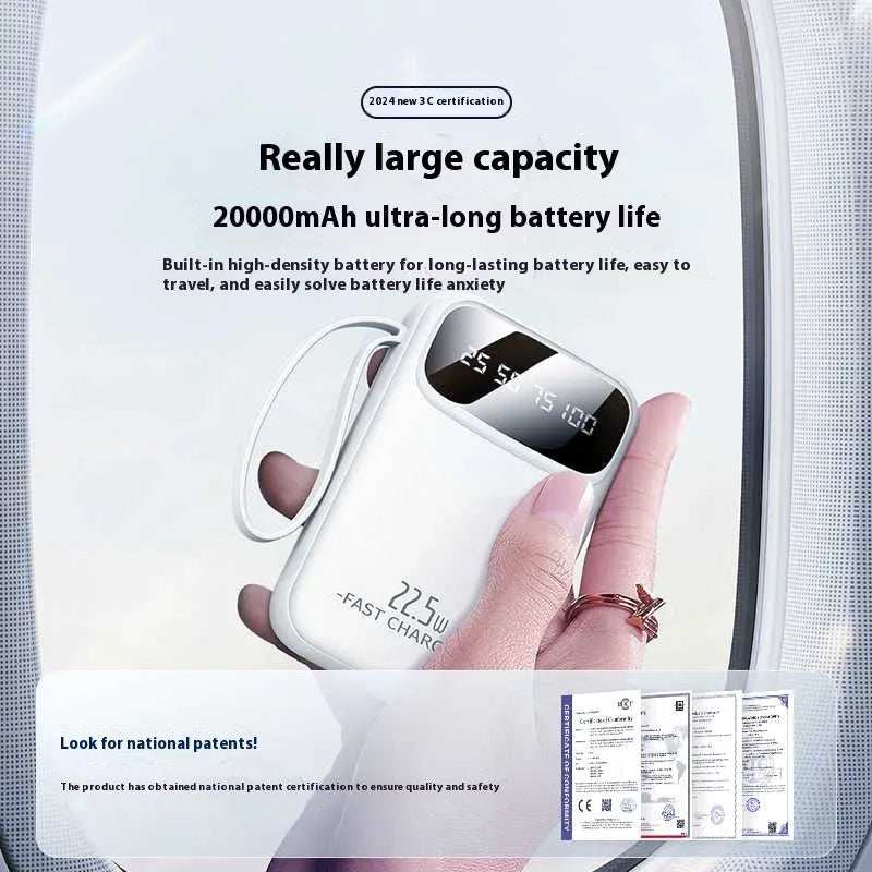 Compact portable power bank with built-in cable, LCD display, and 22.5W fast charging in Moon White
