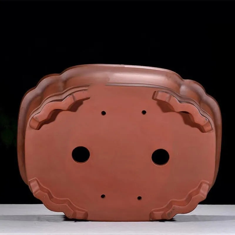 Large antique finish purple clay flower pot with Chinese styling, dimensions 71cm long by 54cm wide