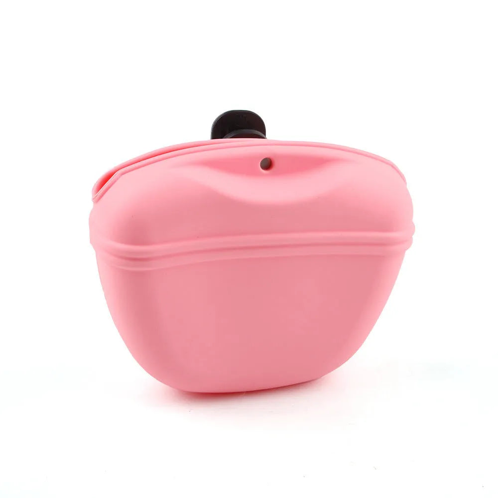 Coloured silicone dog treat bag with clip and magnetic opening, shown with dog training treats.