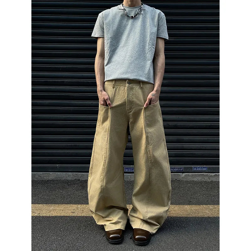 Khaki straight-leg cotton trousers on hanger showing American retro styling