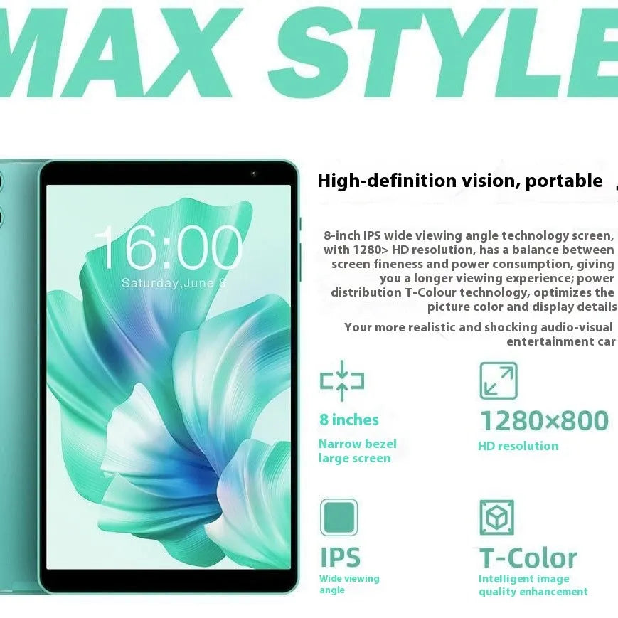Green Android 13 tablet with 8-inch HD screen, eight-core processor, 4GB RAM, and 64GB storage showing front and dual cameras