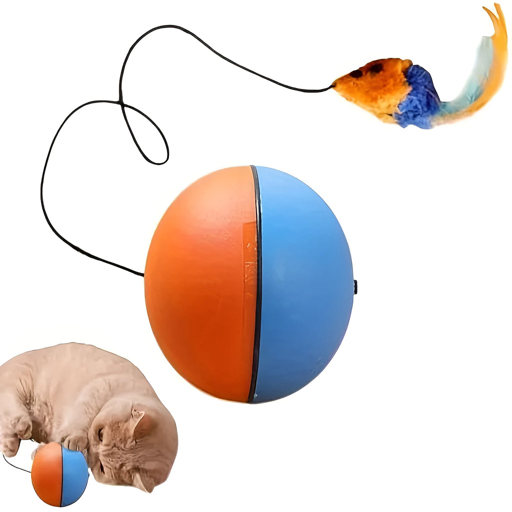Interactive blue and orange cat toy ball with removable plush mouse for feline play