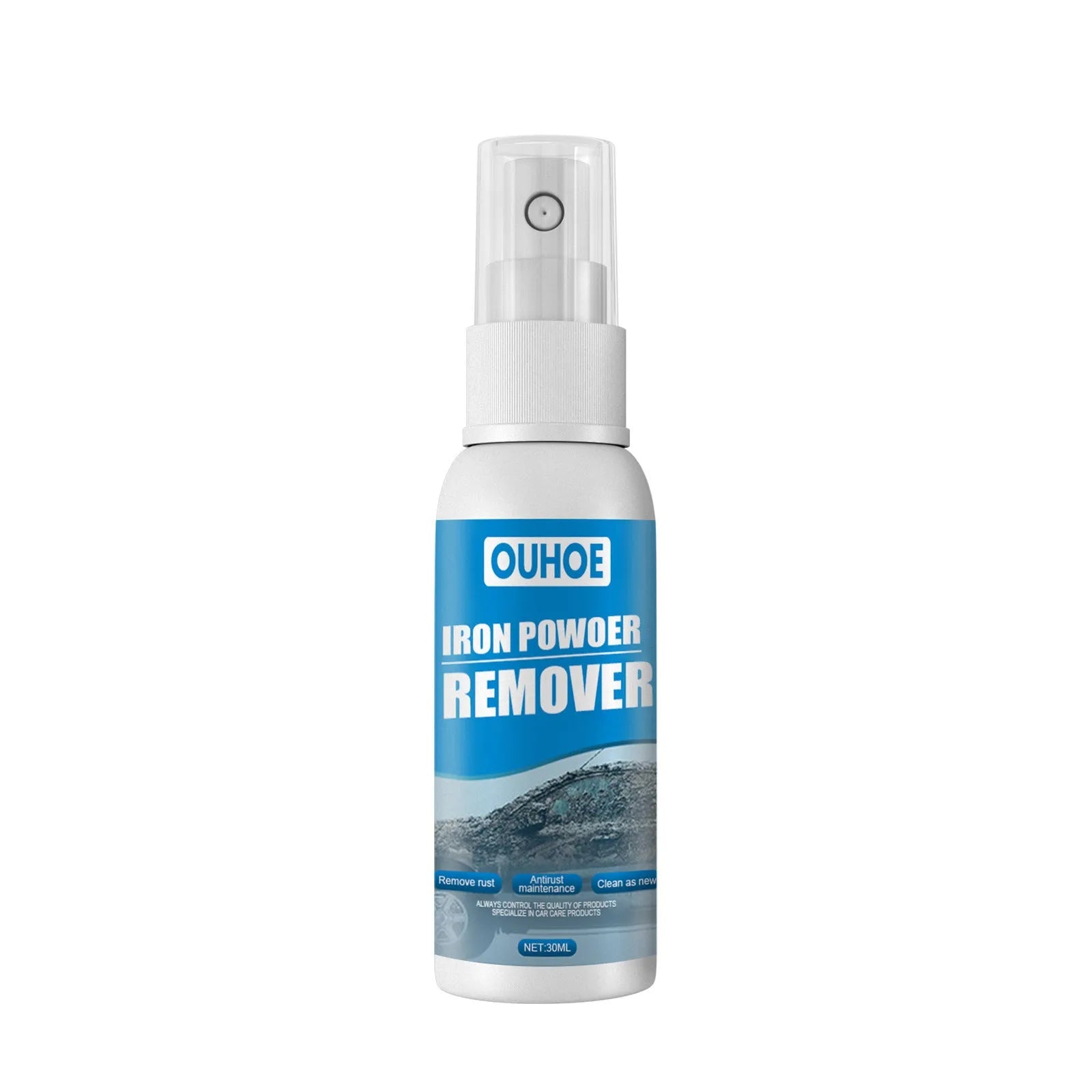 Automotive rust remover spray bottle with blue square sponge applicator for car rust treatment