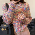 Rainbow pattern knitted cardigan in green or pink with slim fit and regular sleeves
