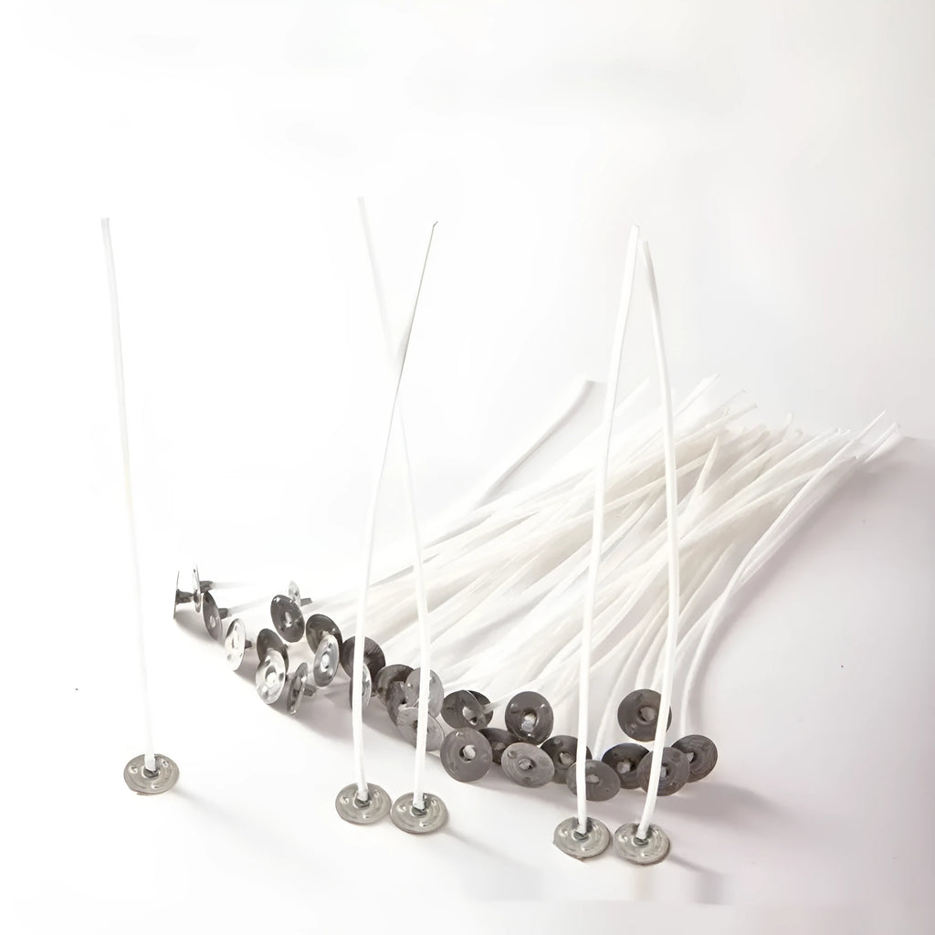 White cotton candle wicks in three lengths for DIY candle making.