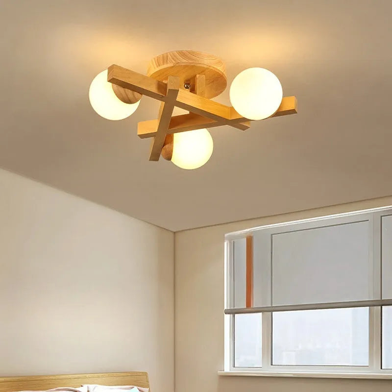 Wooden style three-head ceiling light with Nordic modern design and neutral lighting