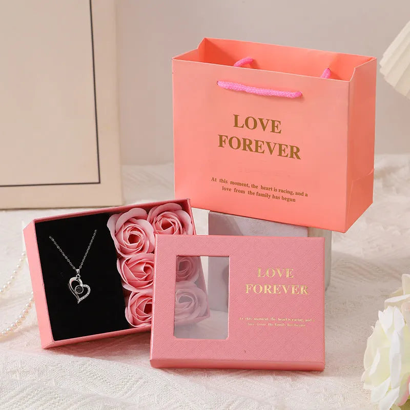 Red soap flower rose gift box set with decorative handbag for Valentine's Day.
