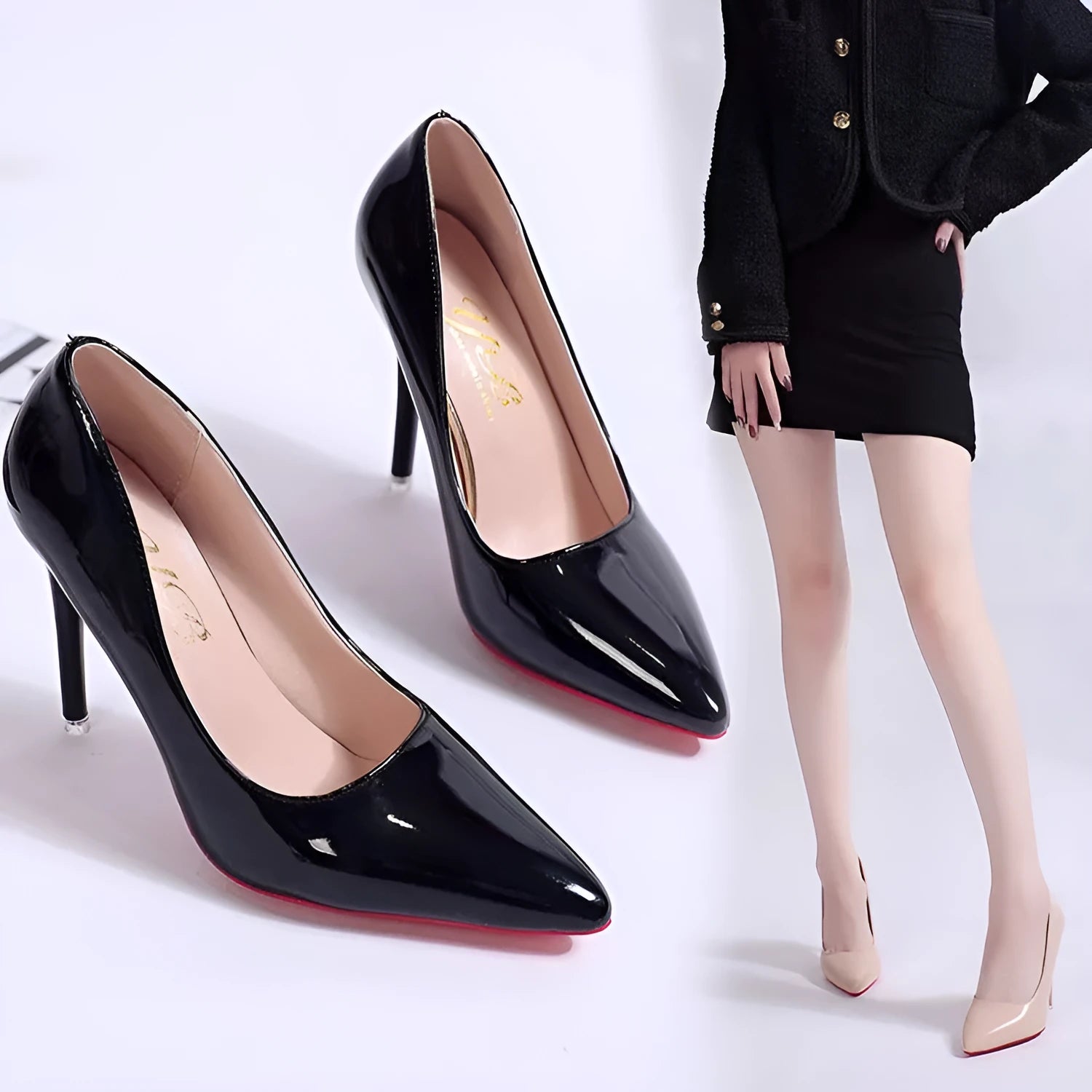 Women's solid colour pointed toe stiletto heel pumps with shallow mouth design and rubber sole