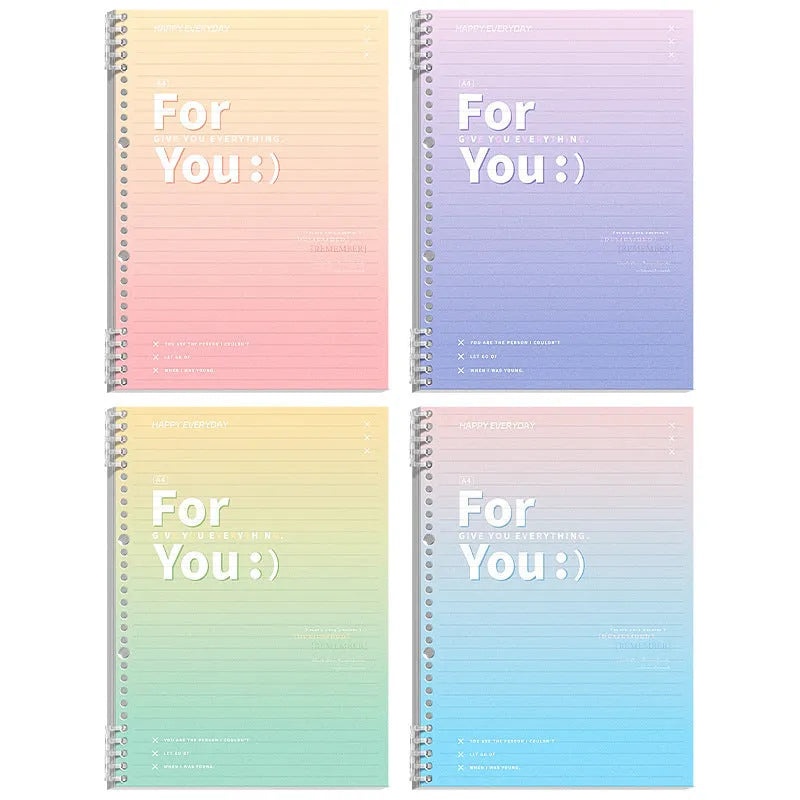 Removable coil notebook with gradient colour cover in blue, showing spiral binding and wood-free paper pages.