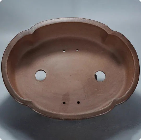 A classical simple purple clay bonsai pot on a tabletop.