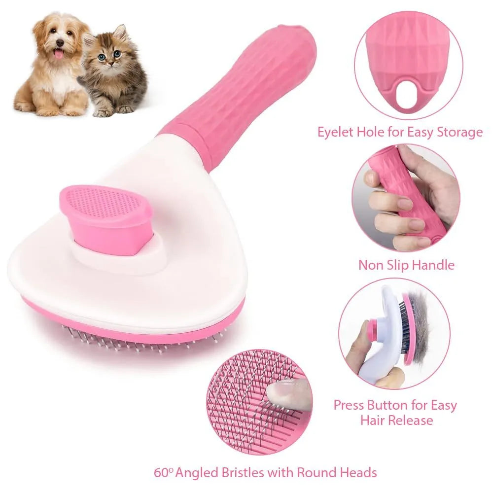Blue cat grooming brush with release button for removing loose fur and tangles