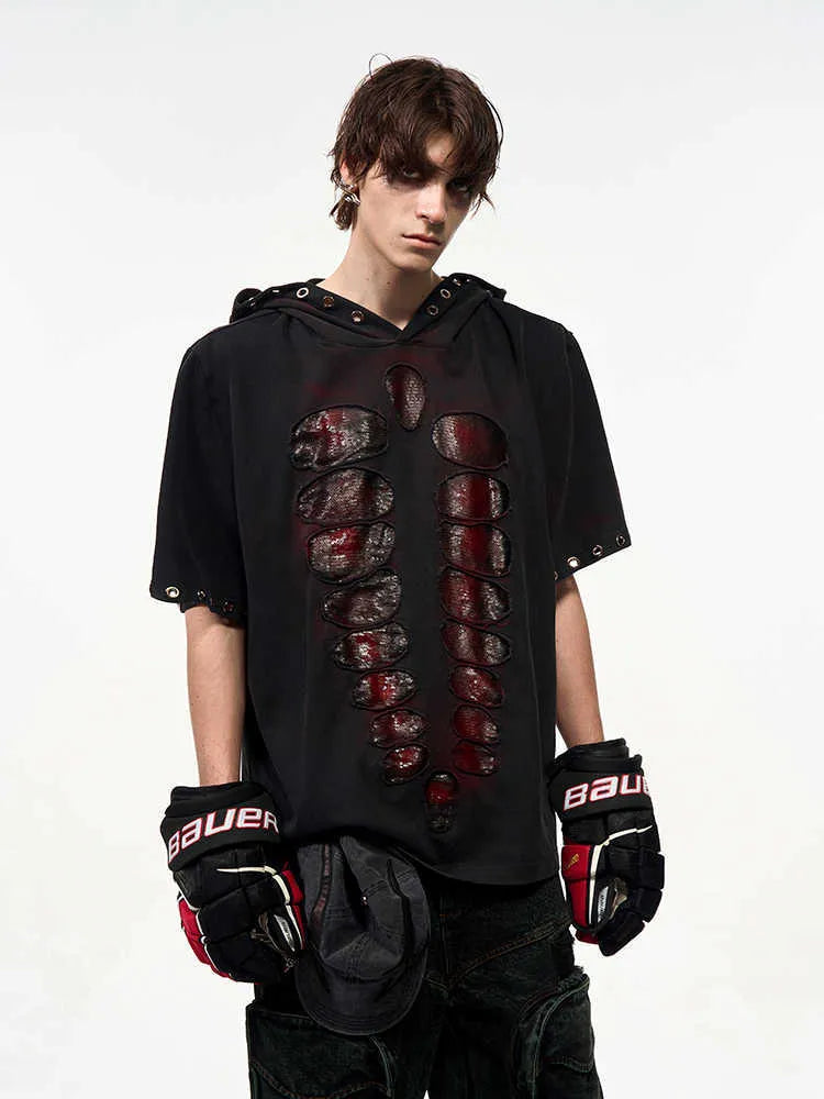Black men's hooded t-shirt with sequin detailing and short sleeves in loose fit