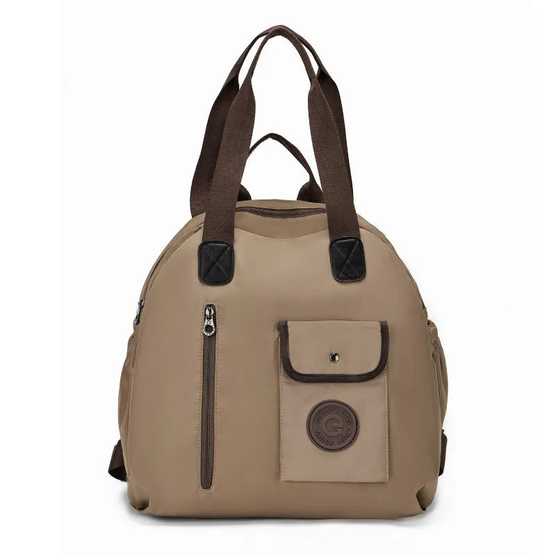 Outdoor backpack with sandwich pocket design showing black, khaki, and green letters colour options
