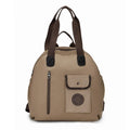 Outdoor backpack with sandwich pocket design showing black, khaki, and green letters colour options