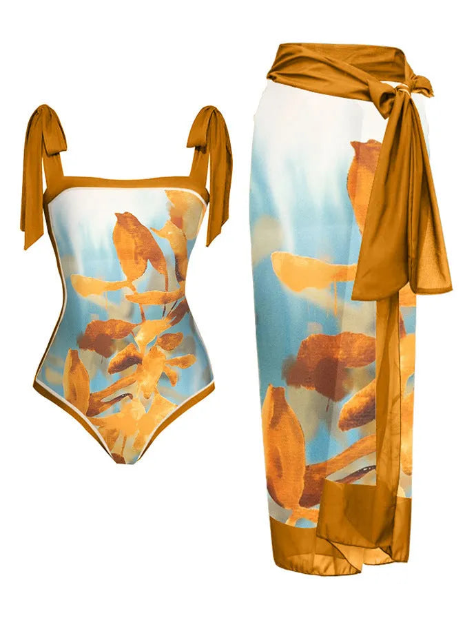 Women's printed chiffon two-piece swimsuit set with matching hip skirt