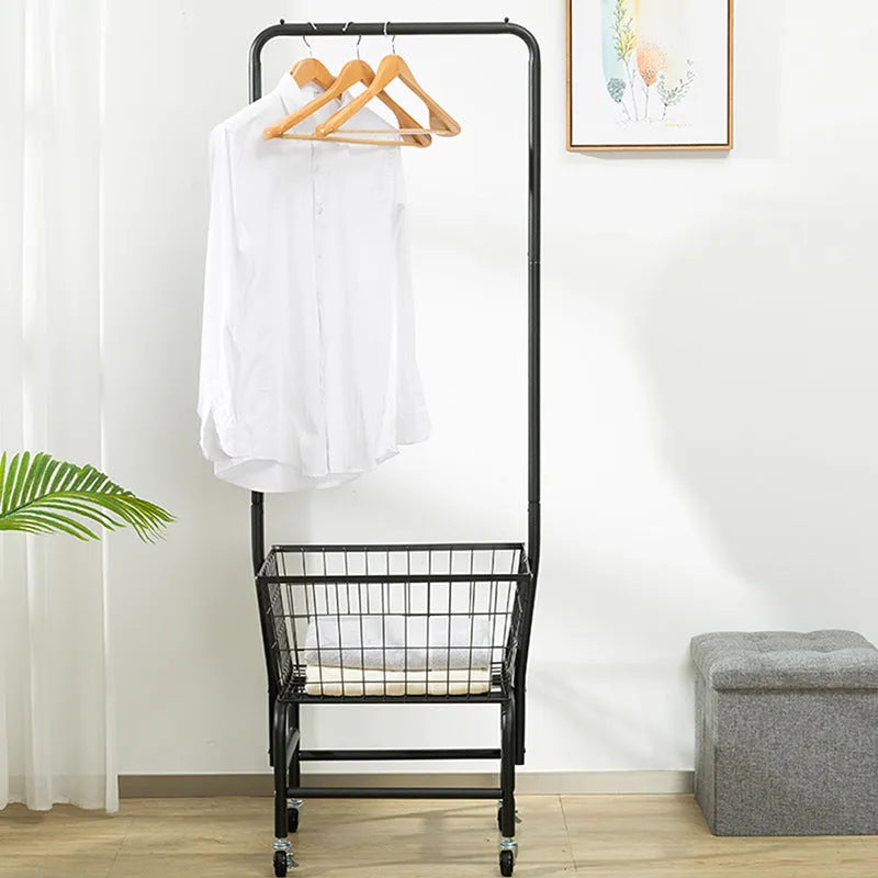 White iron frame single rod clothes rack on wheels with a pulley height adjustment system.