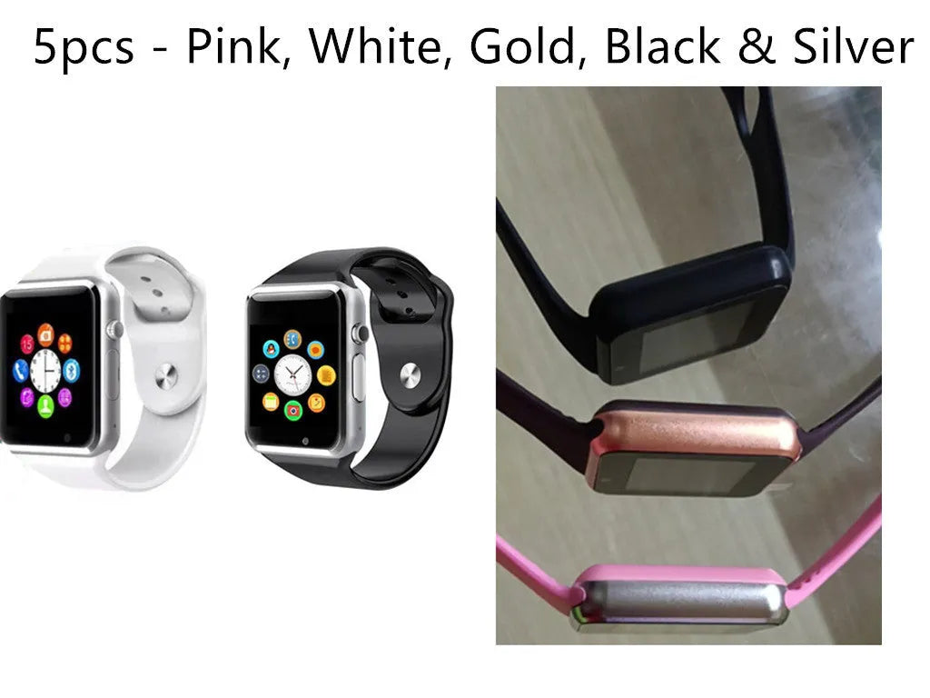 A1 GSM smart watch for Android with camera on a 1.54-inch screen, shown in various colours.