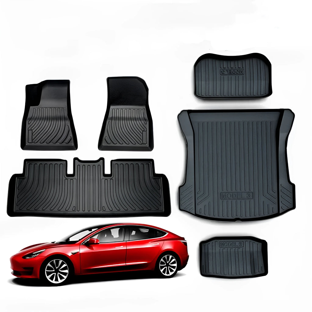 Custom rubber floor mats for Tesla cars with a textured TPE driver footrest section.
