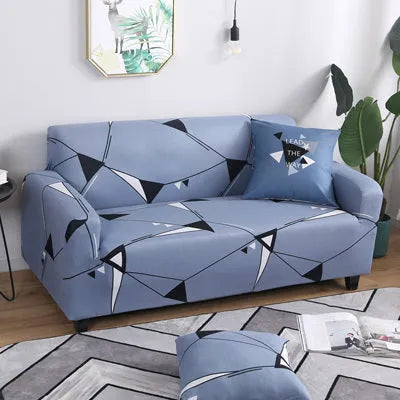 Geometric print polyester sofa slipcover stretched over sofa with matching pillowcase