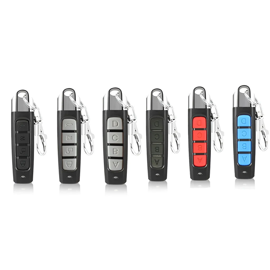 A handheld 433MHz remote control for garage rolling doors, shown in one of four colour options.