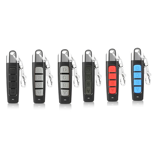 A handheld 433MHz remote control for garage rolling doors, shown in one of four colour options.