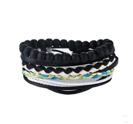 Adjustable leather punk wrap bracelet with wooden beads and multilayer design