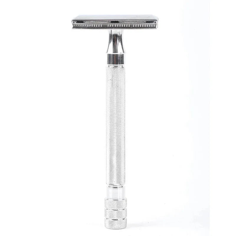Traditional manual shaving razor with metal scraper and brush in black or silver finish