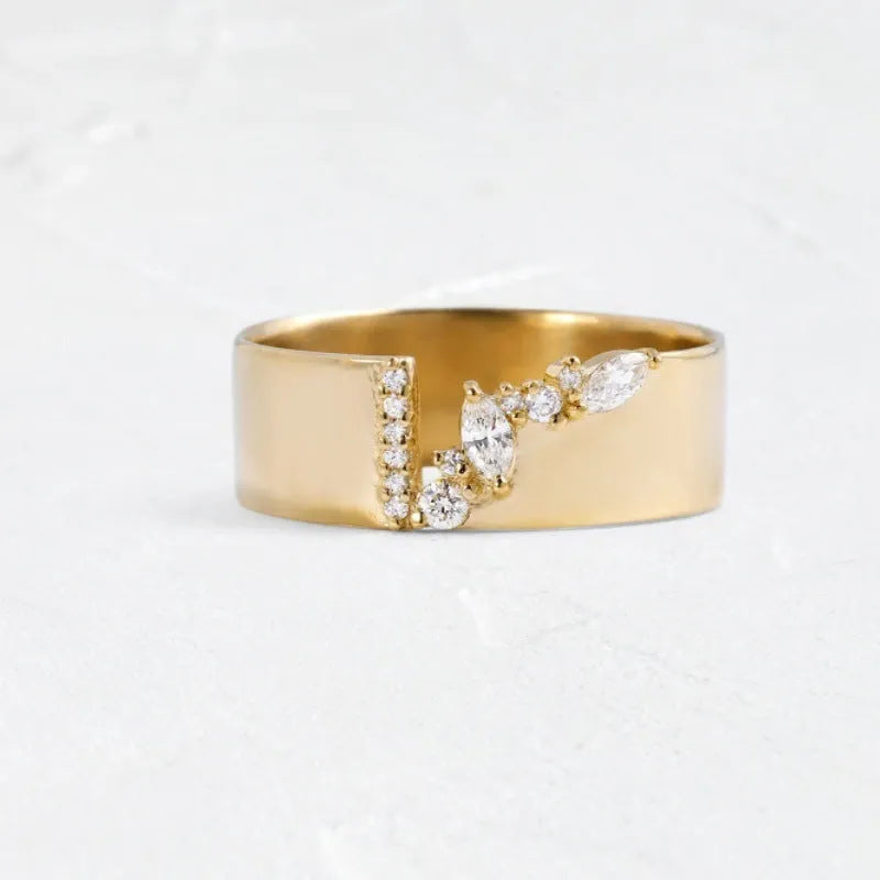 Gold electroplated women's ring with zircon stone on finger, showing copper construction and size options 6-10