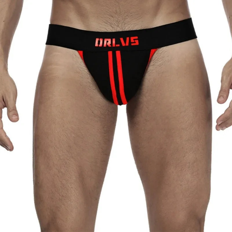 Men's cotton low waist thong in solid colour with double belt back design, front view