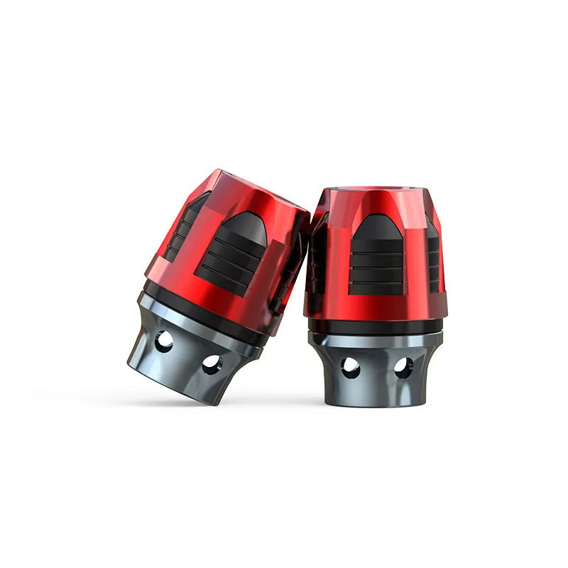 A pair of aluminium alloy fork cups for motorcycle or electric car front axle, shown in an anodised colour.