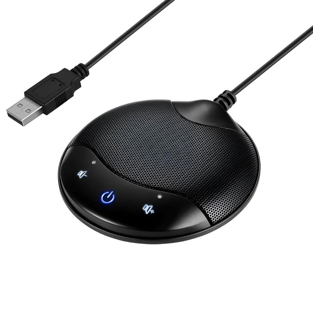 Black USB condenser desktop microphone for conference calls and computer recording