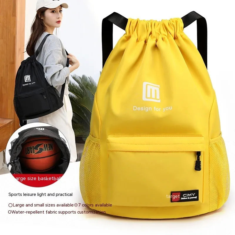 Oxford waterproof drawstring travel backpack in multiple colours showing foldable design and shoulder straps