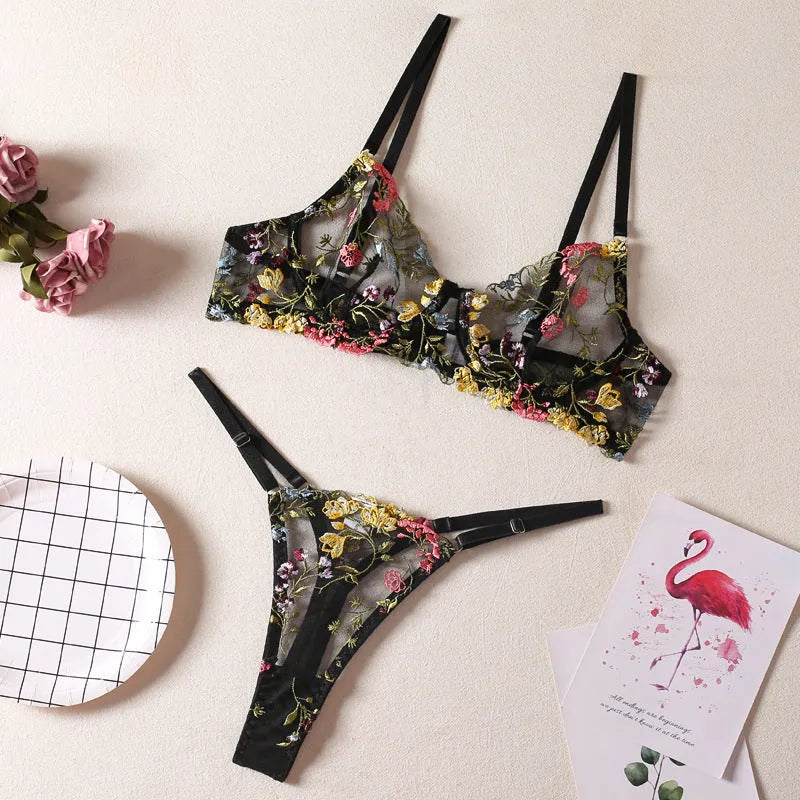 Traditional floral 3/4 cup mesh bra with steel ring and matching T-back underwear in skin colour.