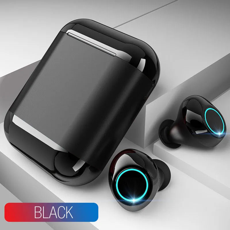 Black true wireless stereo Bluetooth earbuds with in-ear design and charging case.
