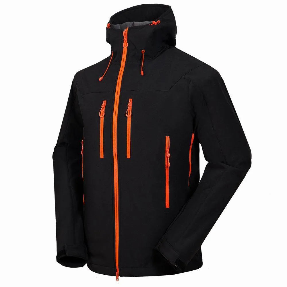 Men’s outdoor soft shell jacket in black, side view, showing zip closure and sporty cut