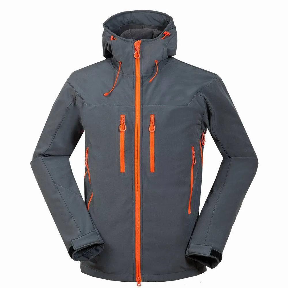 Men’s outdoor soft shell jacket in black, side view, showing zip closure and sporty cut