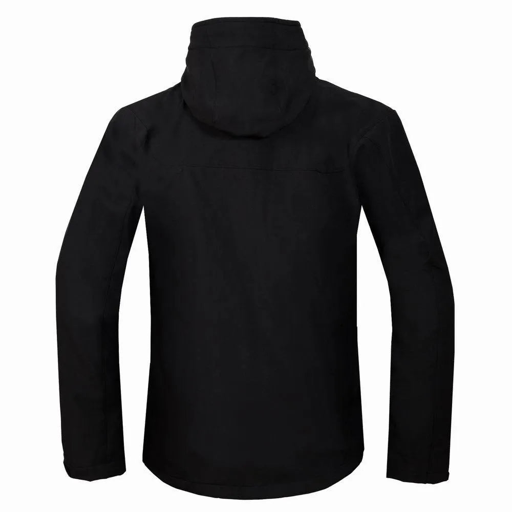 Men’s outdoor soft shell jacket in black, side view, showing zip closure and sporty cut