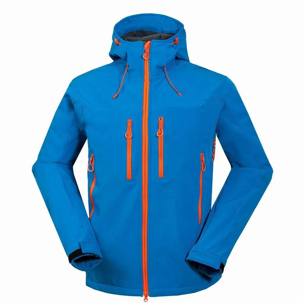 Men’s outdoor soft shell jacket in black, side view, showing zip closure and sporty cut