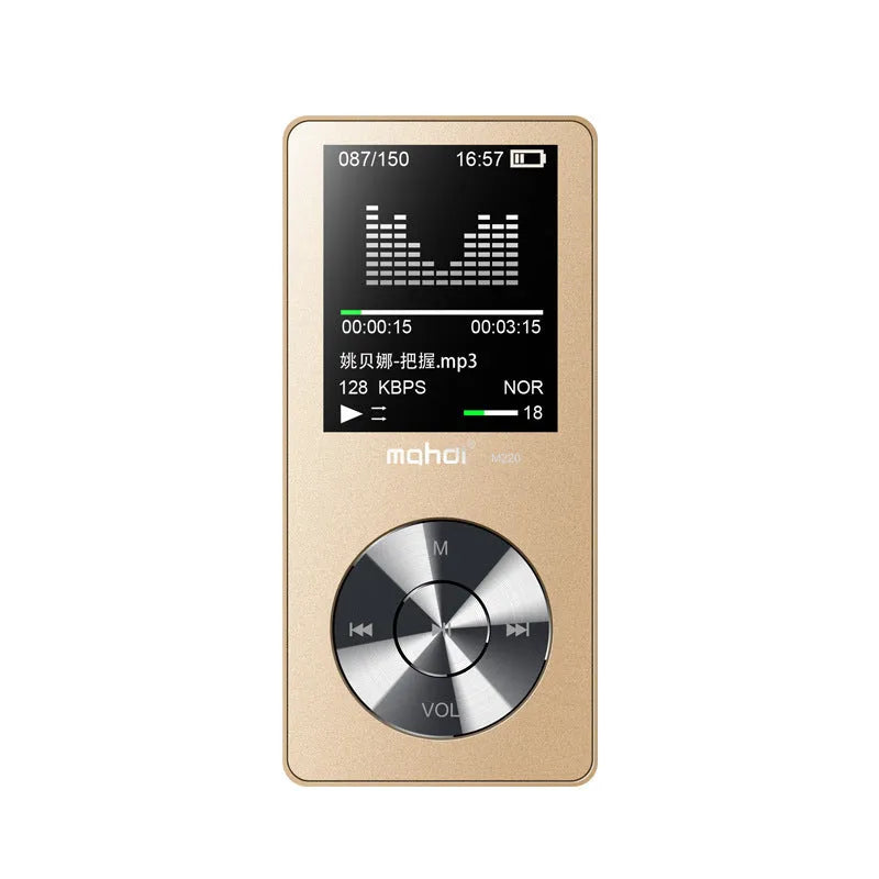 Gold portable MP3 music player with 1.8-inch screen, metal body, and physical control buttons.