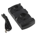 Black PS3 dual charging dock holding two wireless controllers with connected USB cable