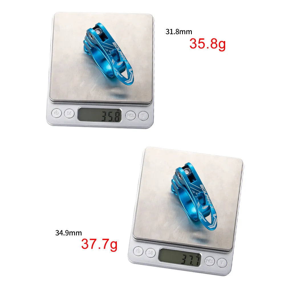 Aluminium mountain bike seat post clamp in black, red, gold, or blue for 31.8mm or 34.9mm seat tubes.