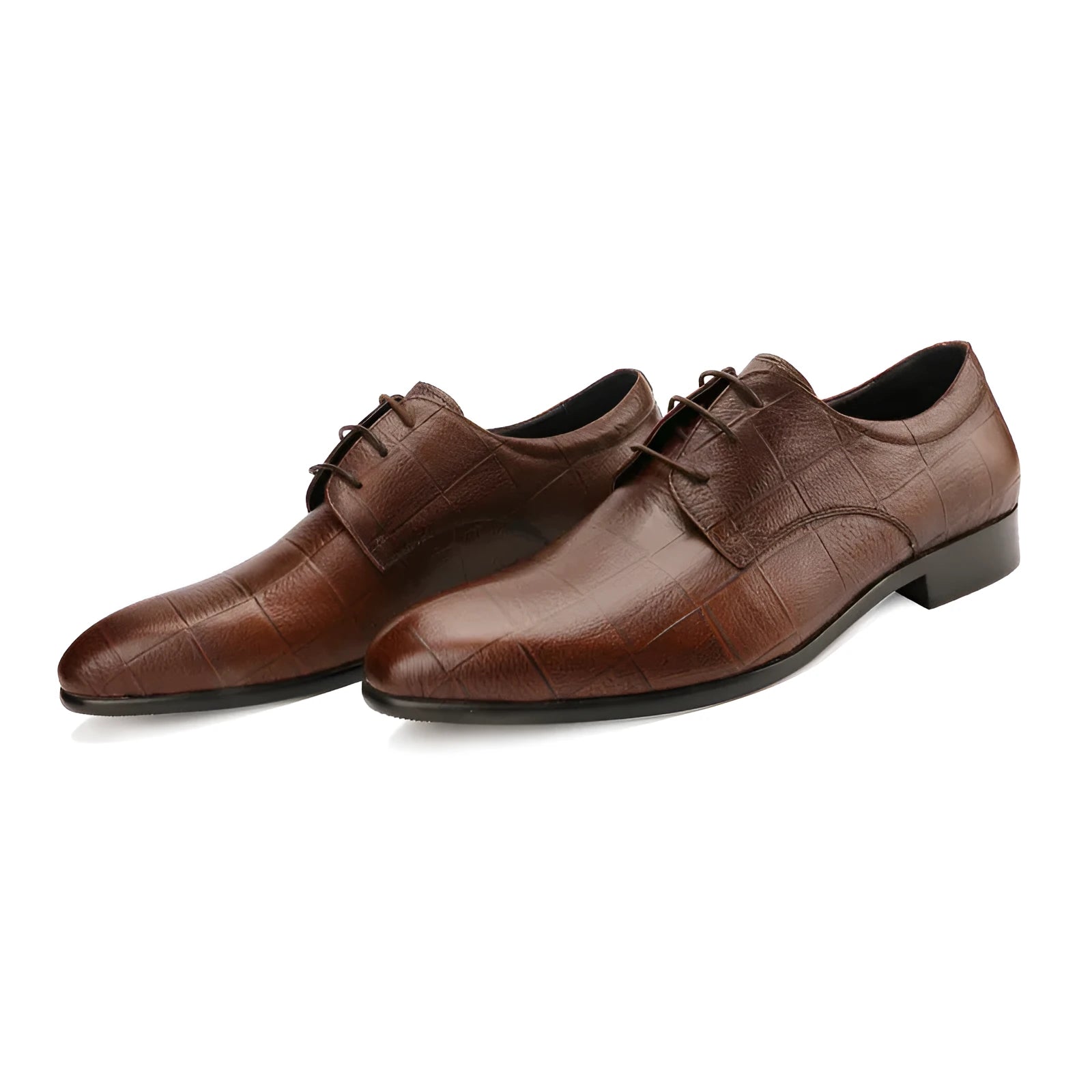 Men's black checkered cow leather derby shoes with pointed toe and handcrafted sewing detailing