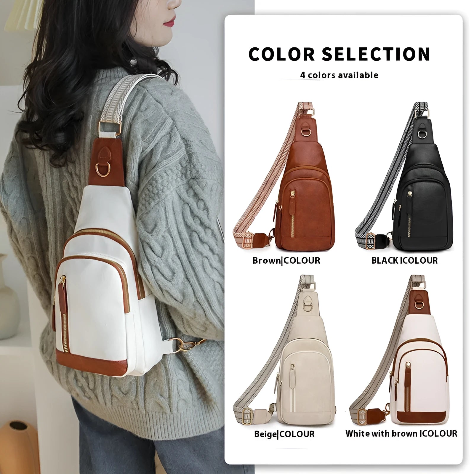 Women's small brown PU leather chest bag with open front pocket worn across chest