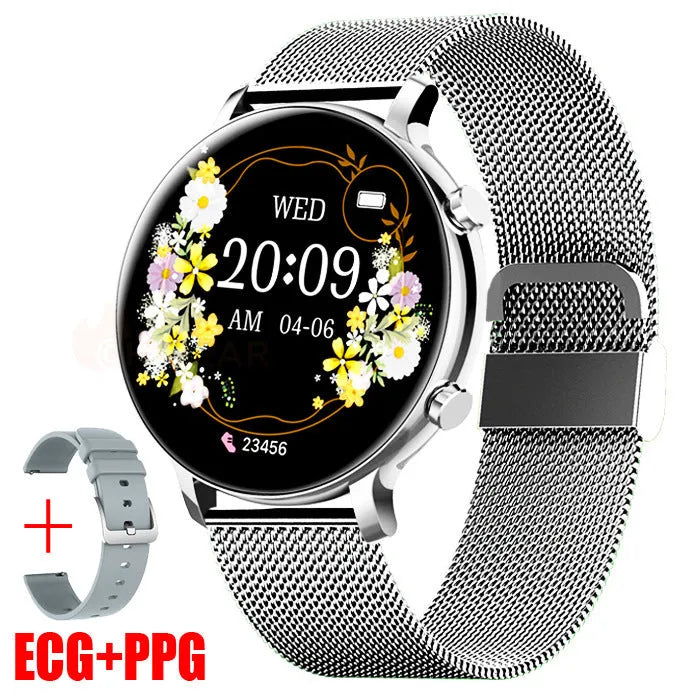 Bluetooth smartwatch with stainless steel strap showing call function and health metrics on screen.