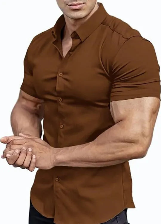 Men's casual short sleeve printed shirt with collar in cardigan style, available in multiple colours.