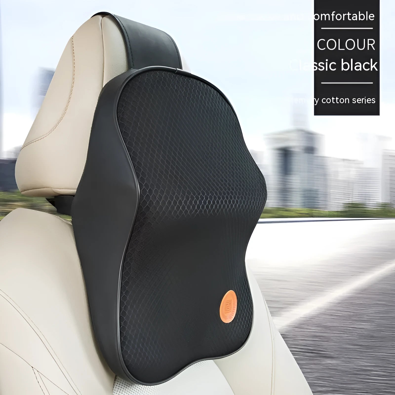 Black and brown memory foam car headrest pillow and lumbar support cushion set on a car seat.